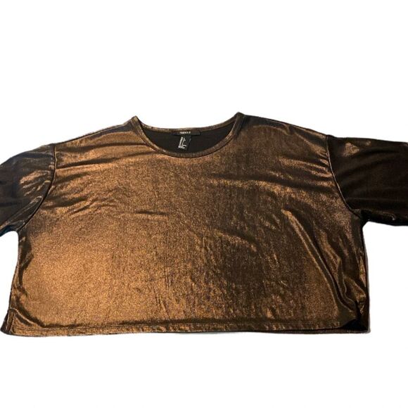 Forever 21 black metallic crop top faux leather goth t-shirt NYE rave festival L - Picture 1 of 8